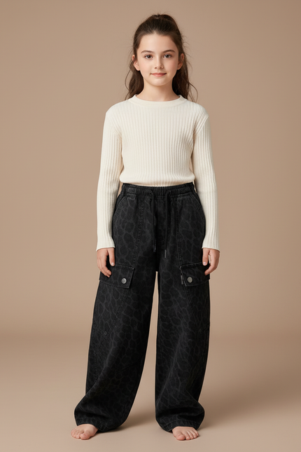 Pantalon Noir Cargo Ample Motif Léopard Fille - Jean