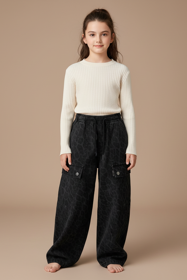 Pantalon Noir Cargo Ample Motif Léopard Fille - Jean