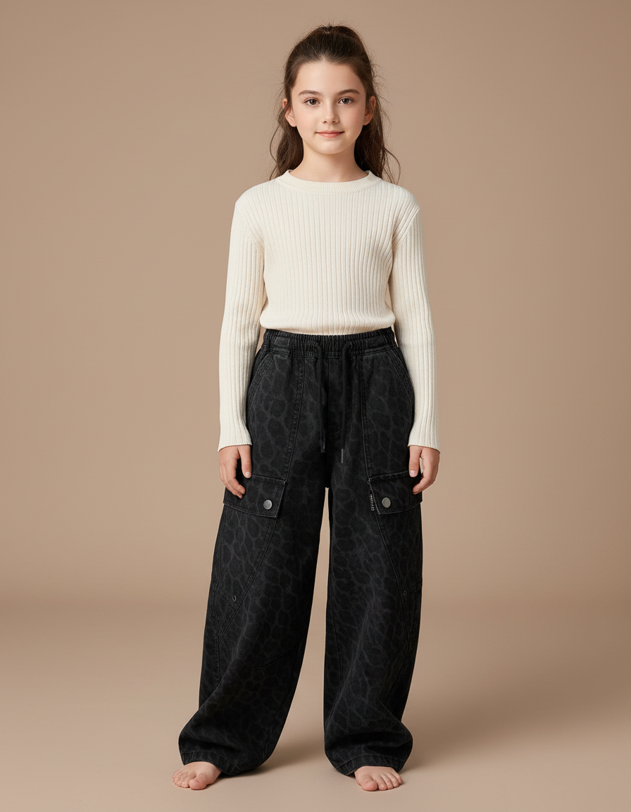 Pantalon Noir Cargo Ample Motif Léopard Fille - Jean