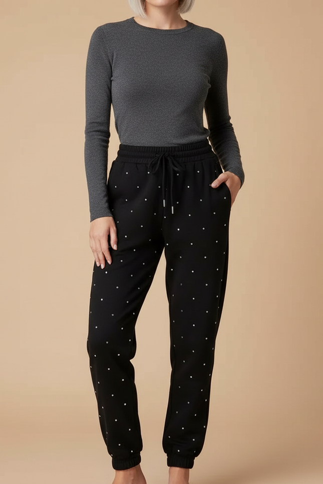 Pantalon Noir À Pois, Décontracté, Confortable, Femme - Molleton