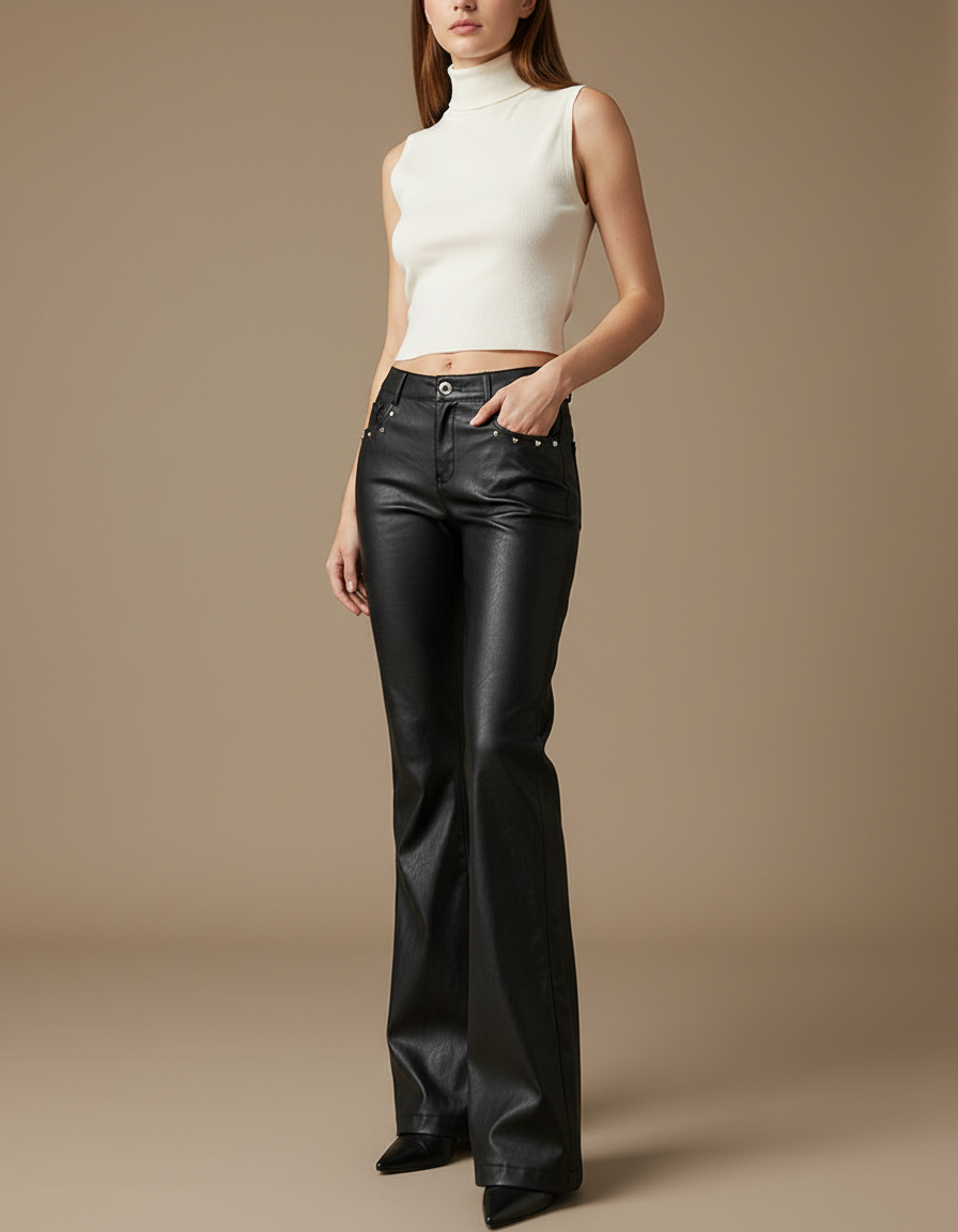 Pantalon Noir Similicuir Évasé Taille Basse Gothique - Simili cuir