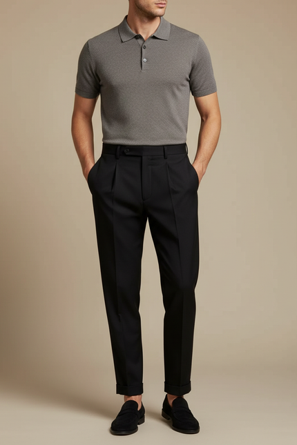Pantalon Noir Plissé Ajusté Élégant Homme - Gabardine