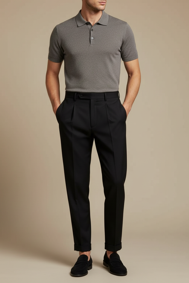 Pantalon Noir Plissé Ajusté Élégant Homme - Gabardine