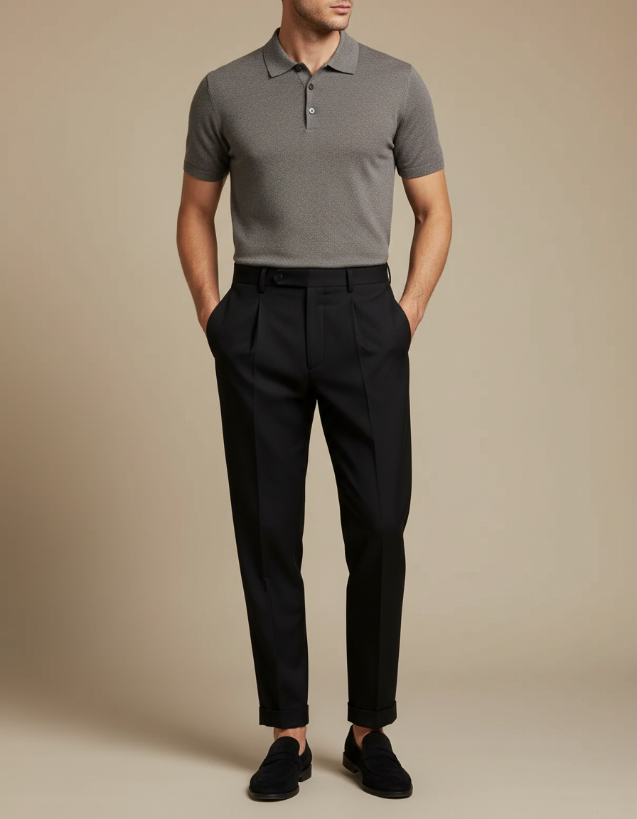 Pantalon Noir Plissé Ajusté Élégant Homme - Gabardine