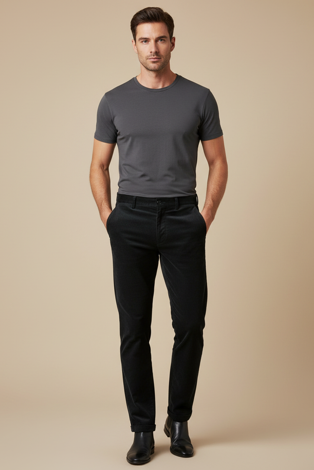 Pantalon Noir Homme Velours Côtelé Décontracté Droit - Cordé