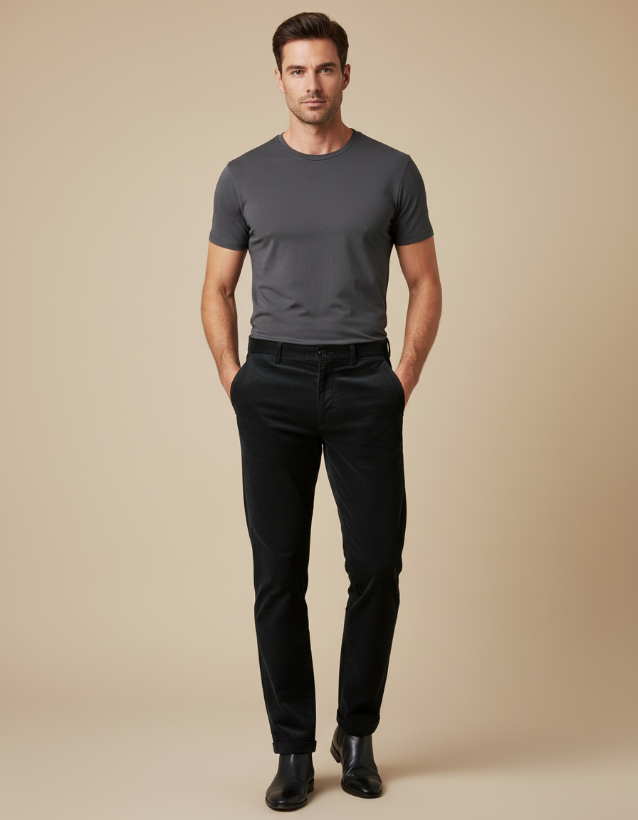 Pantalon Noir Homme Velours Côtelé Décontracté Droit - Cordé