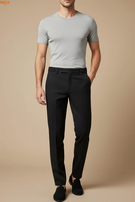 Pantalon Noir Homme Ajusté Habillé Élégant Droit - Polyester