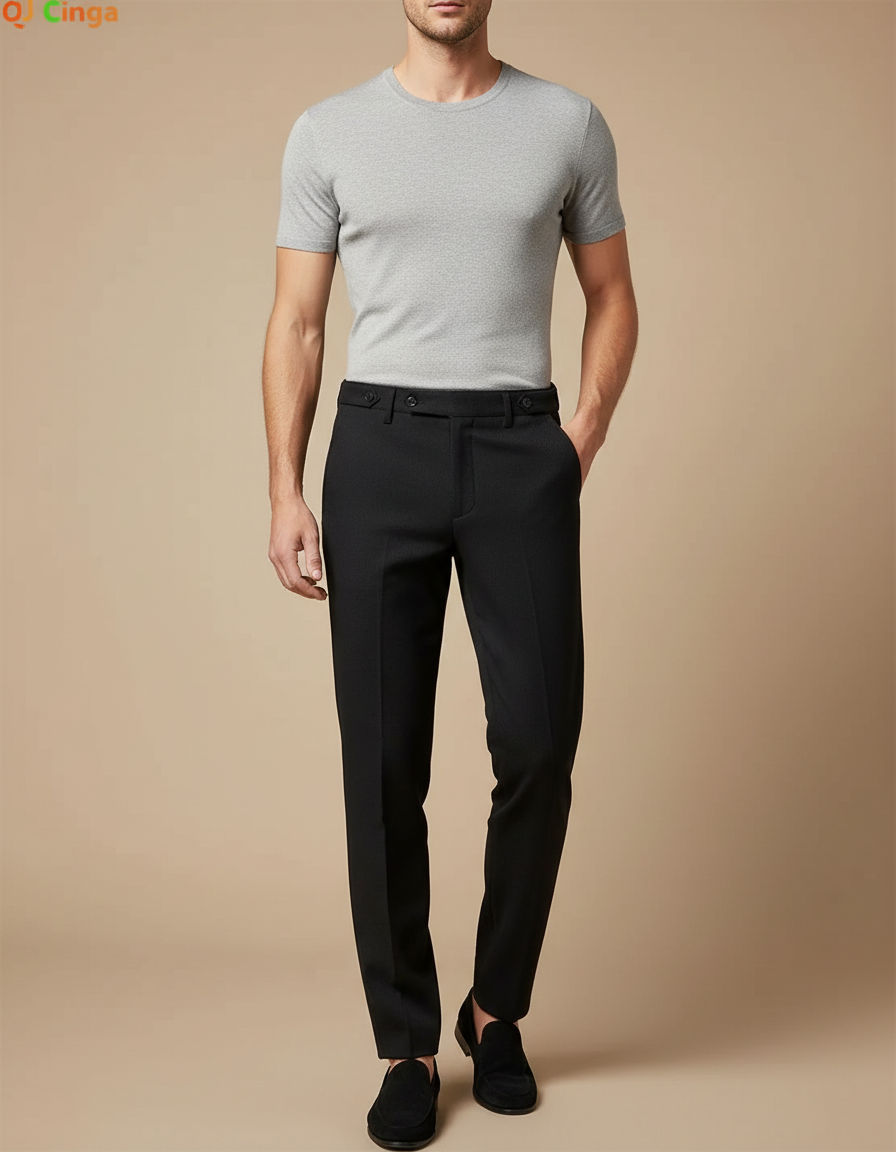 Pantalon Noir Homme Ajusté Habillé Élégant Droit - Polyester
