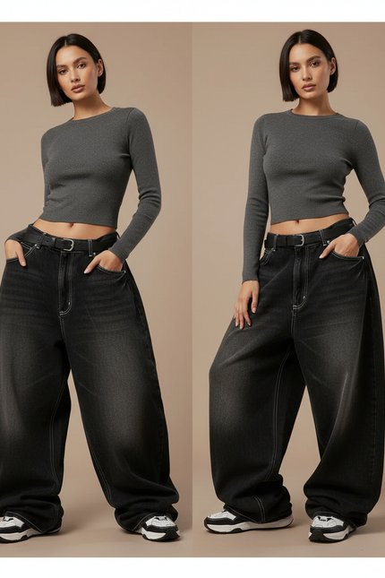 Pantalon Taille Basse Noir Femme - Jean