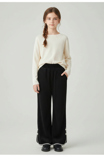 Pantalon Noir Côtelé Évasé Brodé Fille - Cordé