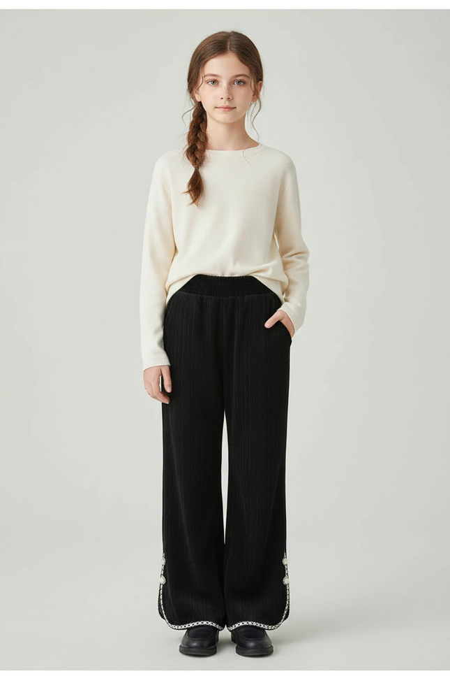 Pantalon Noir Côtelé Évasé Brodé Fille - Cordé