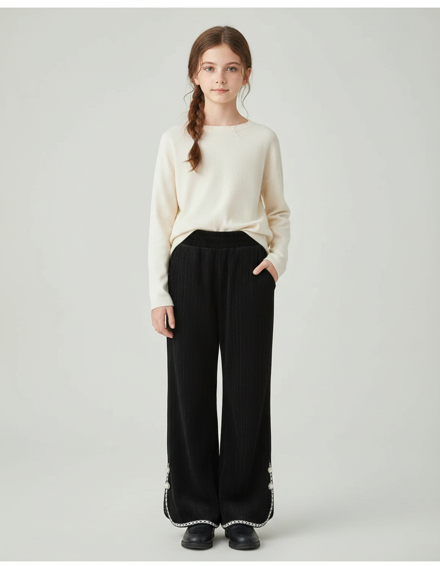 Pantalon Noir Côtelé Évasé Brodé Fille - Cordé