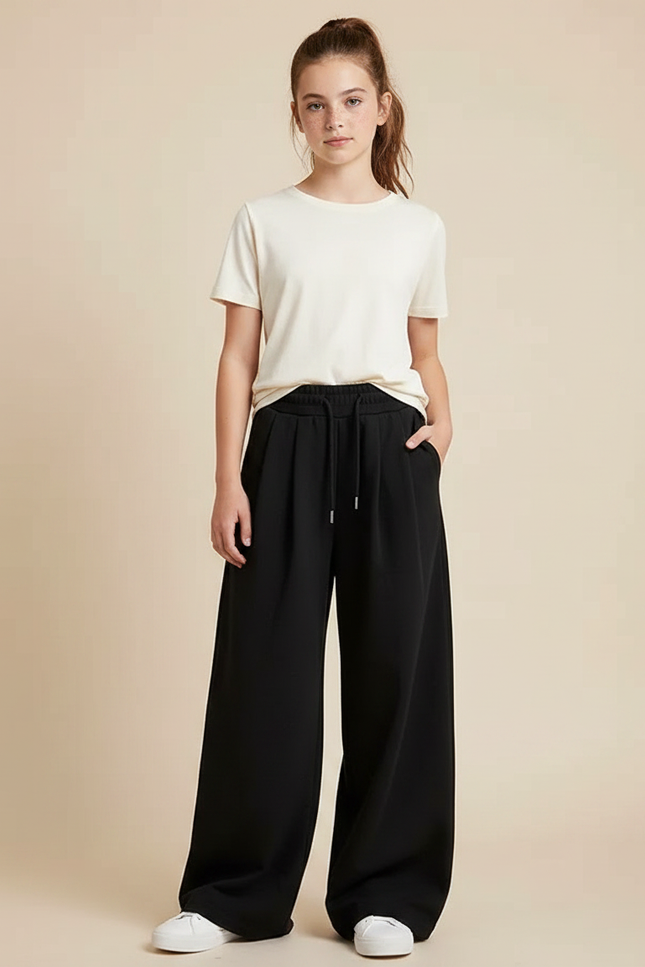 Pantalon Noir Ample Fluide Décontracté Fille - Molleton