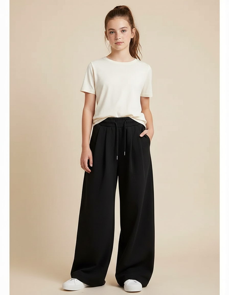 Pantalon Noir Ample Fluide Décontracté Fille - Molleton