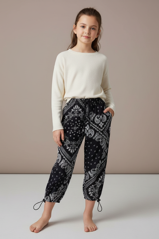 Pantalon Noir Bandana Ample Fille Décontracté - Viscose