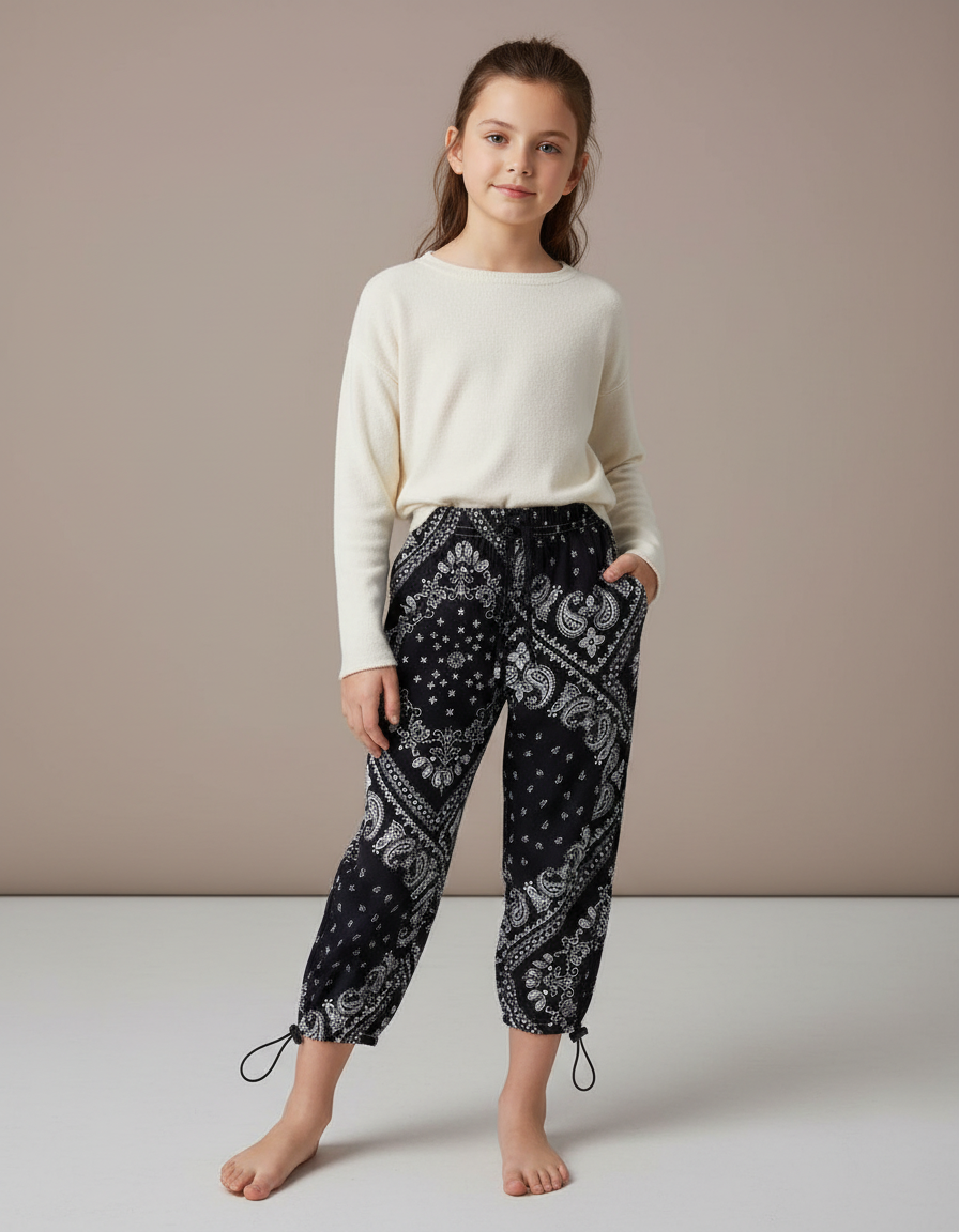 Pantalon Noir Bandana Ample Fille Décontracté - Viscose