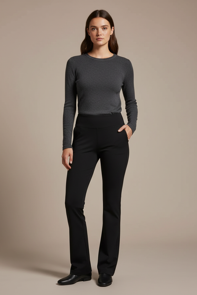 Pantalon Noir Femme Évasé Taille Haute Élégant Confortable - Polyester