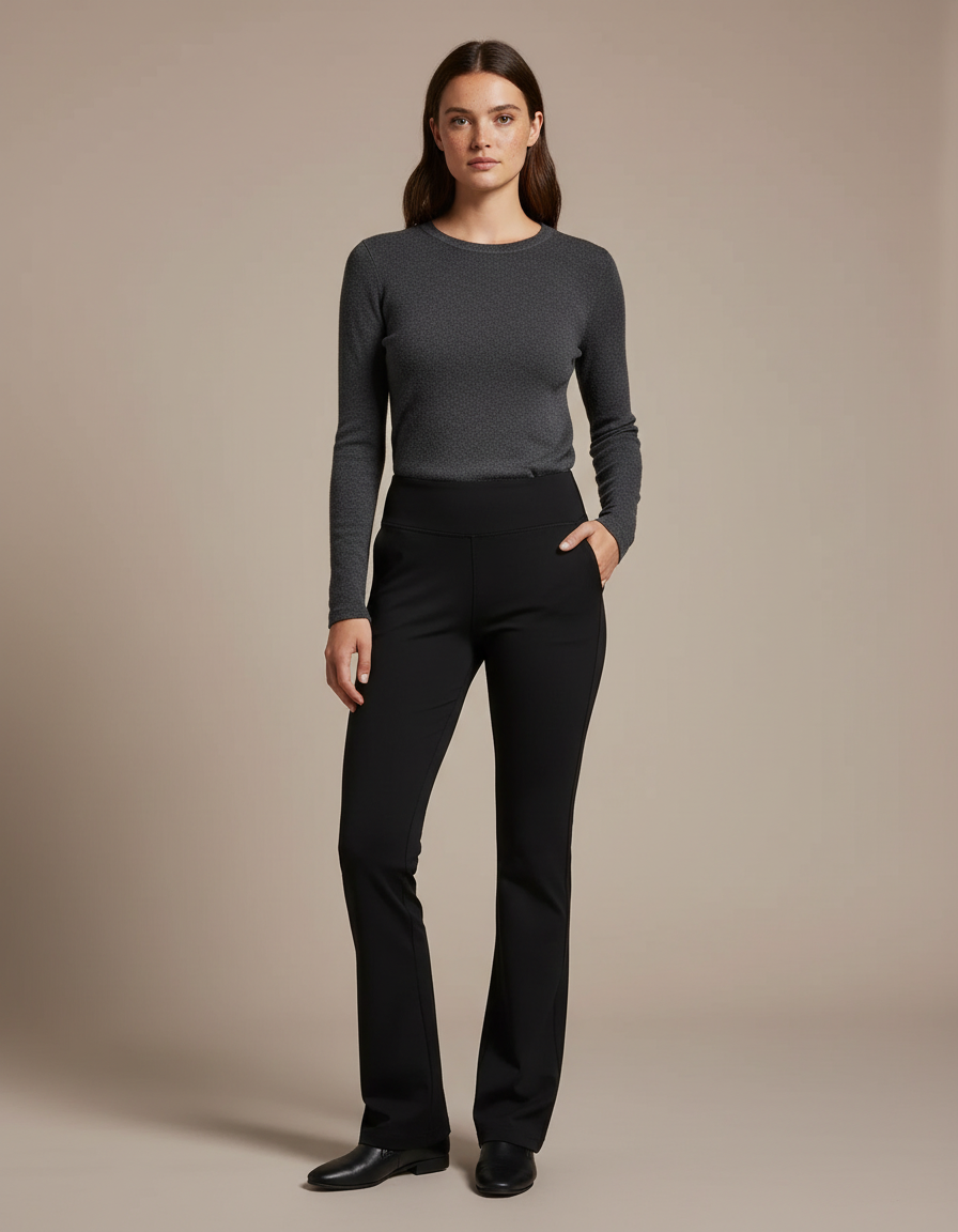 Pantalon Noir Femme Évasé Taille Haute Élégant Confortable - Polyester
