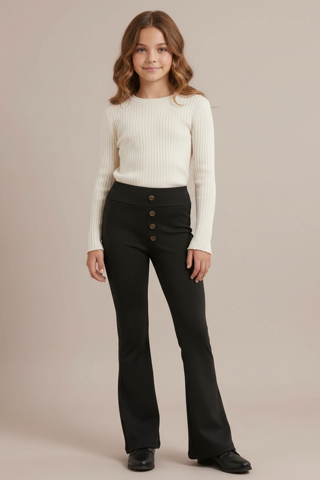 Pantalon Noir Taille Haute Évasé Boutons Fille - Maille