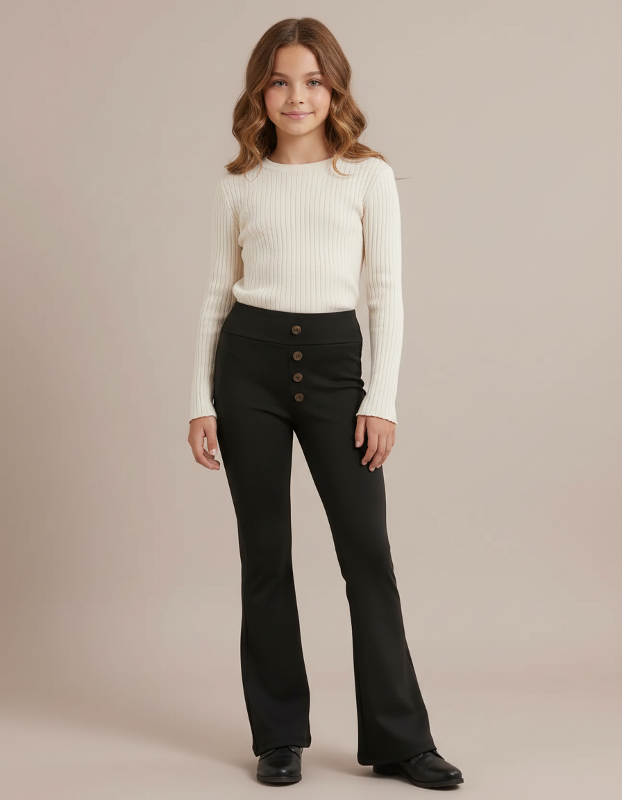 Pantalon Noir Taille Haute Évasé Boutons Fille - Maille