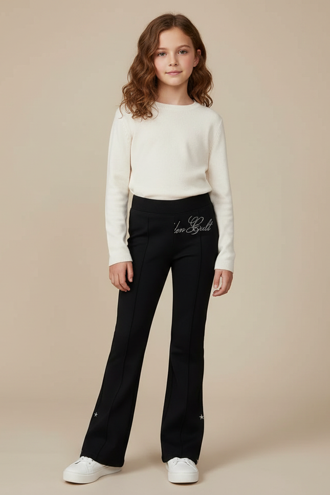 Pantalon Noir Évasé Étoiles Strass Fille - Molleton