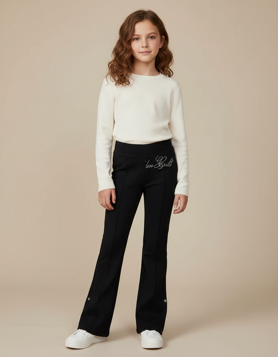Pantalon Noir Évasé Étoiles Strass Fille - Molleton