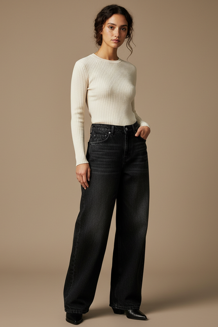 Pantalon Noir Ample Taille Haute Décontracté Femme - Jean