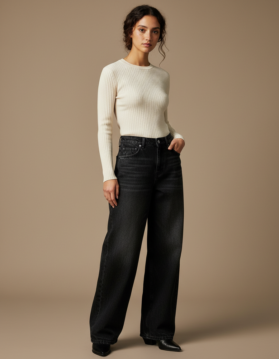 Pantalon Noir Ample Taille Haute Décontracté Femme - Jean
