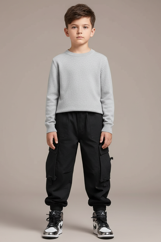 Pantalon Noir Cargo Coton Streetwear Ample Garçon - Toile