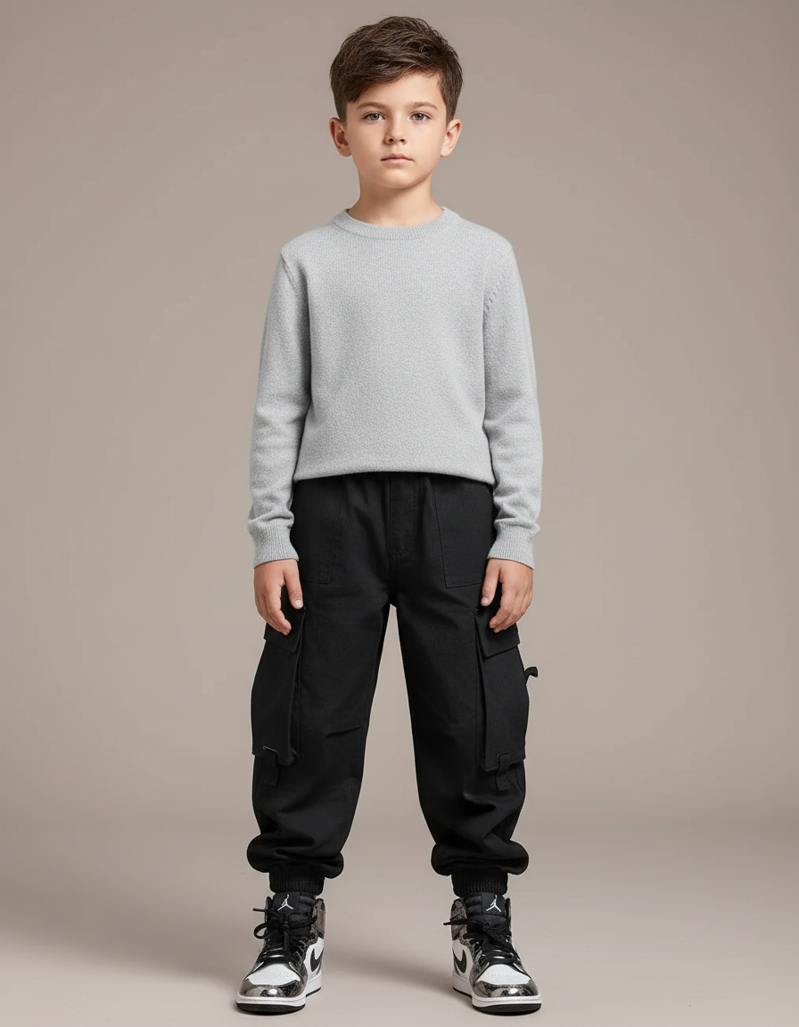 Pantalon Noir Cargo Coton Streetwear Ample Garçon - Toile