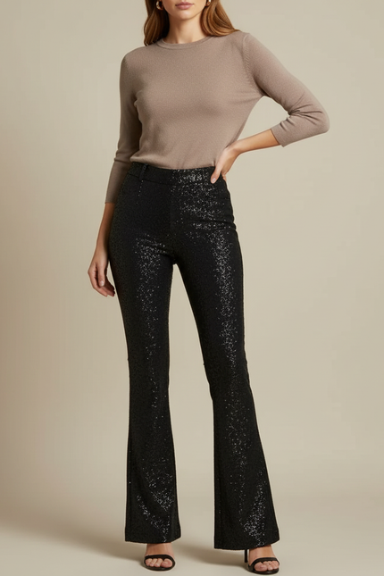 Pantalon Noir Paillettes Évasé Taille Haute Femme Chic - Polyester