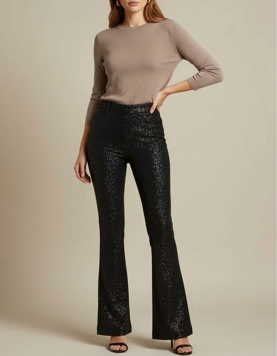 Pantalon Noir Paillettes Évasé Taille Haute Femme Chic - Polyester