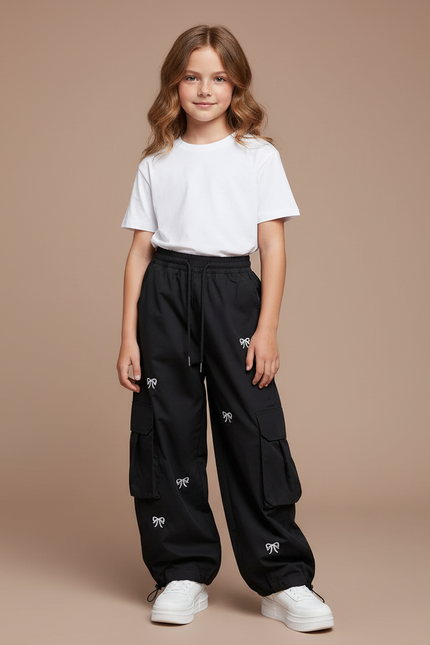 Pantalon Noir Cargo Ample Imprimé Nœuds Fille - Polyester