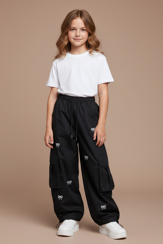 Pantalon Noir Cargo Ample Imprimé Nœuds Fille - Polyester