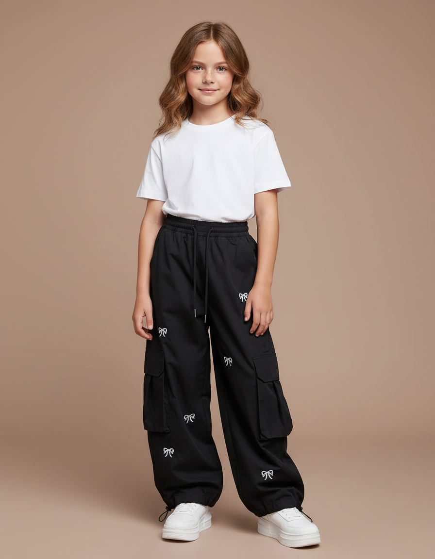 Pantalon Noir Cargo Ample Imprimé Nœuds Fille - Polyester
