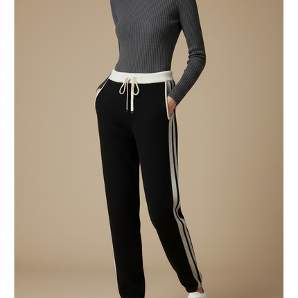 Pantalon Noir Tricoté Rayé Décontracté Confortable - Maille