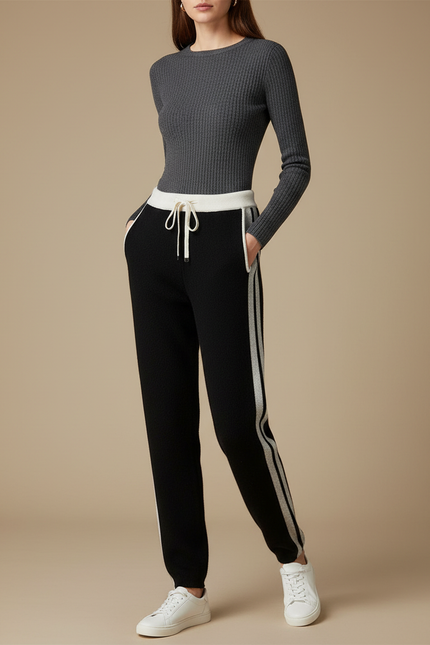 Pantalon Noir Tricoté Rayé Décontracté Confortable - Maille