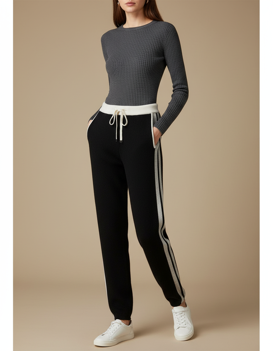 Pantalon Noir Tricoté Rayé Décontracté Confortable - Maille