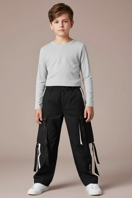 Pantalon Noir Cargo Sport Ample Garçon - Toile