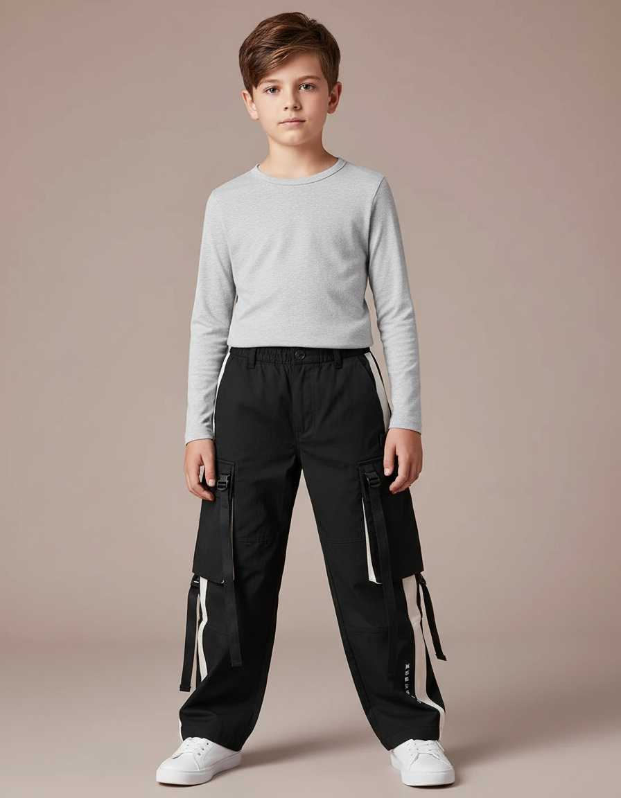Pantalon Noir Cargo Sport Ample Garçon - Toile