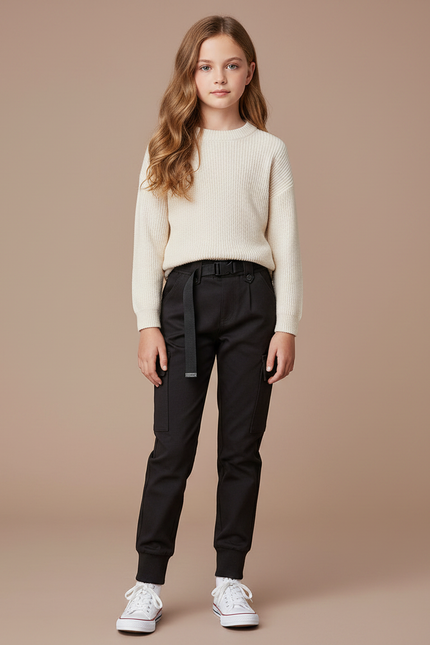 Pantalon Noir Cargo Coton Ceinturé Fille