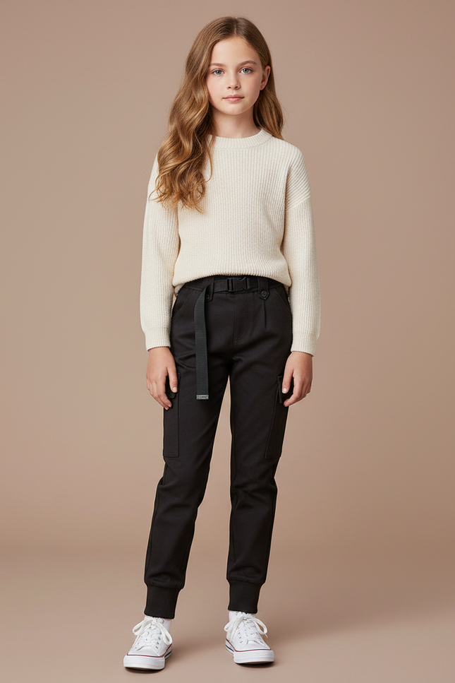 Pantalon Noir Cargo Coton Ceinturé Fille
