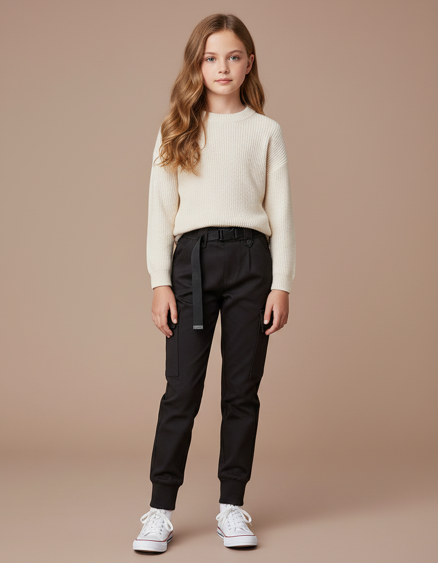 Pantalon Noir Cargo Coton Ceinturé Fille