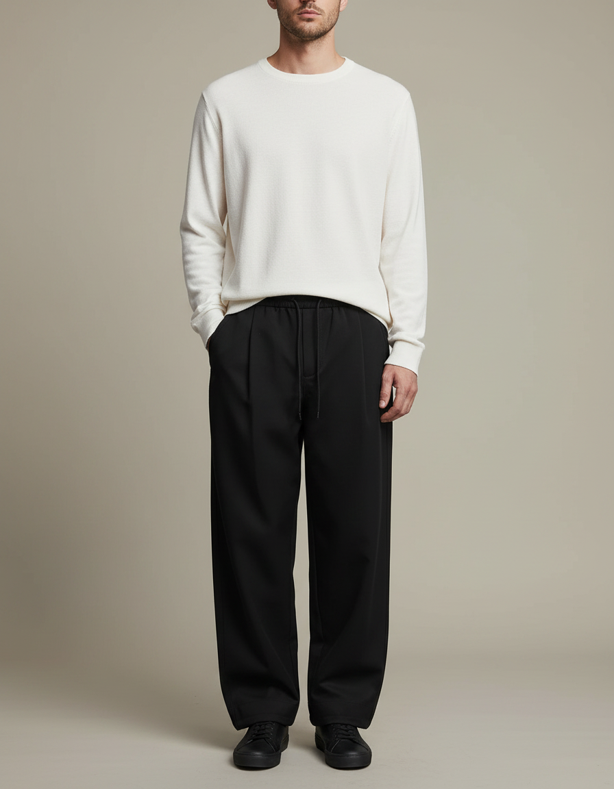 Pantalon Noir Ample Décontracté Homme Cordon - Gabardine