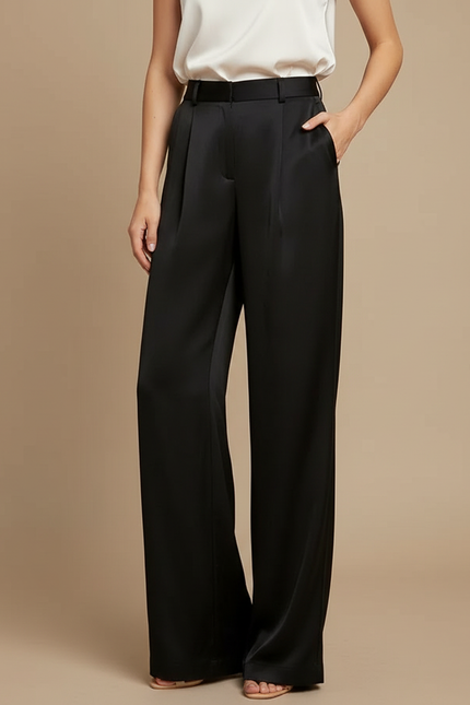 Pantalon Noir Satin Fluide Large Taille Haute