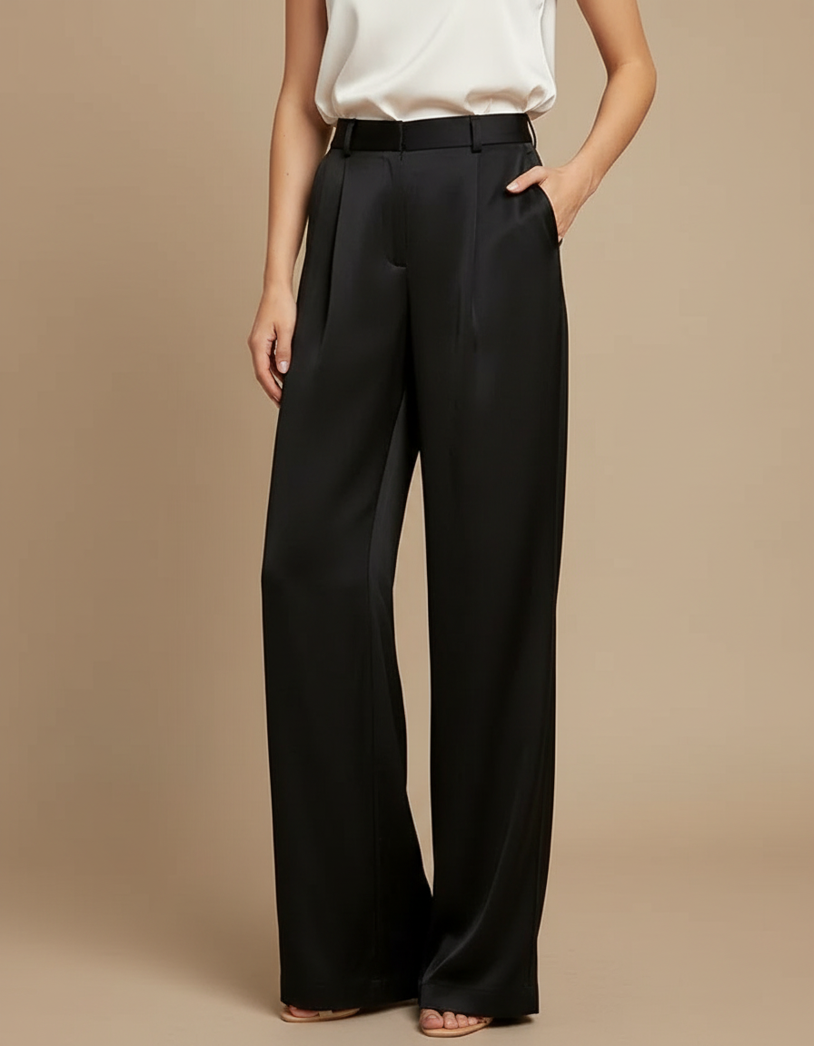 Pantalon Noir Satin Fluide Large Taille Haute