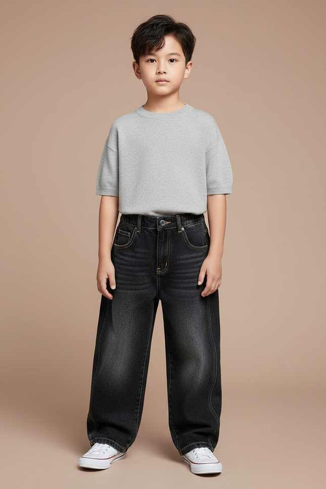 Pantalon Noir Denim Ample Enfant Décontracté - Jean