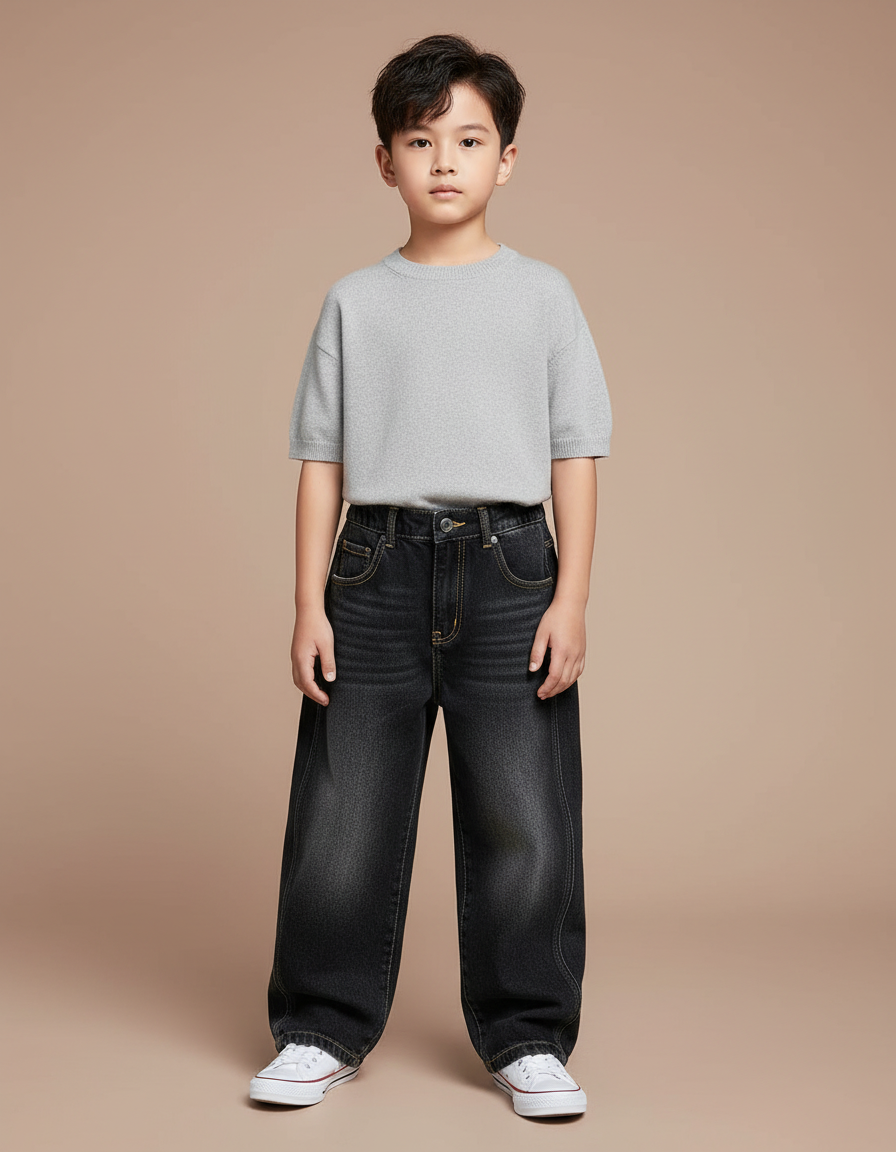 Pantalon Noir Denim Ample Enfant Décontracté - Jean