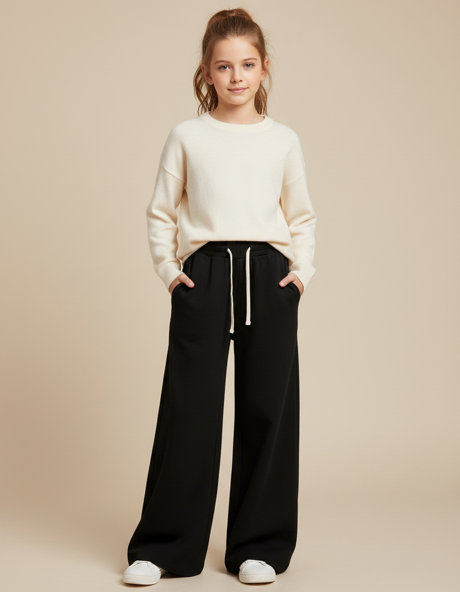 Pantalon Noir Ample Décontracté Fluide Fille - Molleton