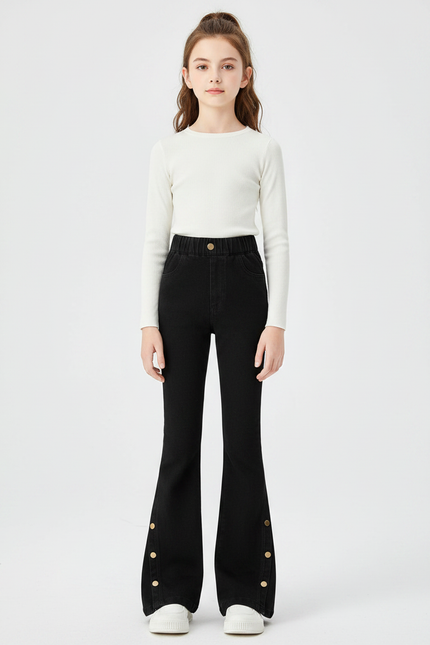 Pantalon Noir Évasé Boutons Dorés Fille - Jean